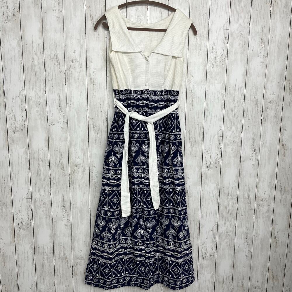 Vintage Beeline Fashions Blue White Cotton Maxi Dress Petite L Empire Waist Boho